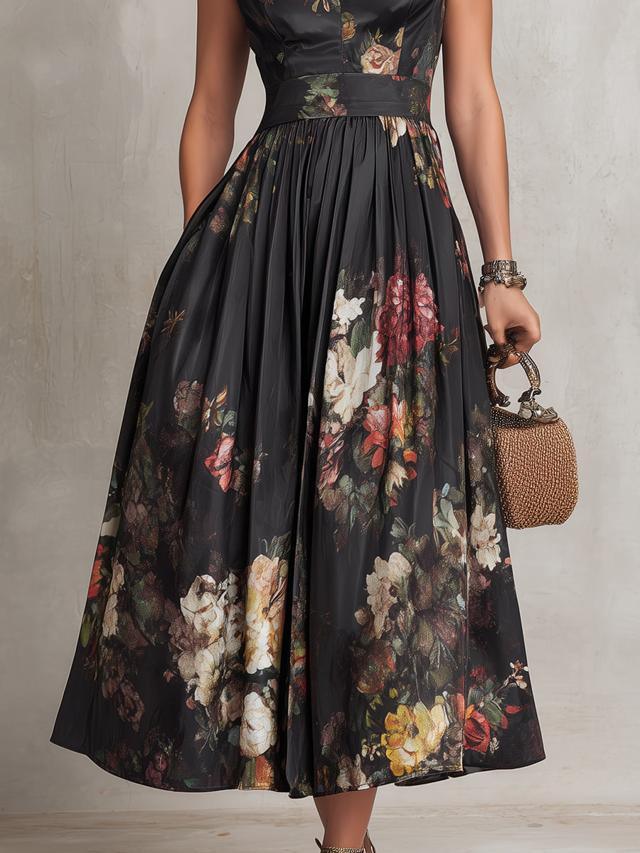 Keyhole collar satin dress in black, side view