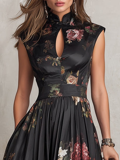 Black keyhole collar satin midi dress, back view
