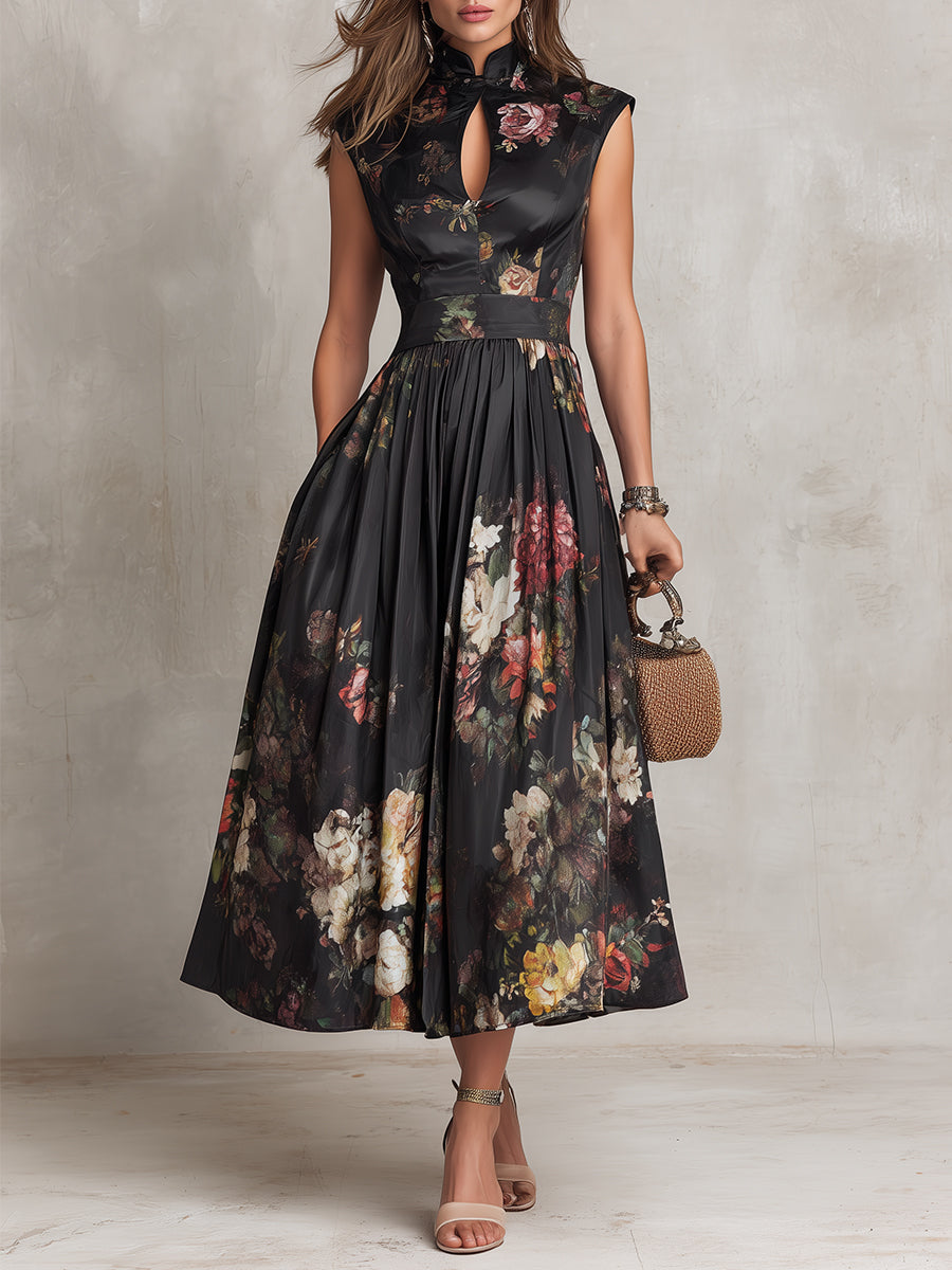 Keyhole collar pleated satin midi dress in black, front view