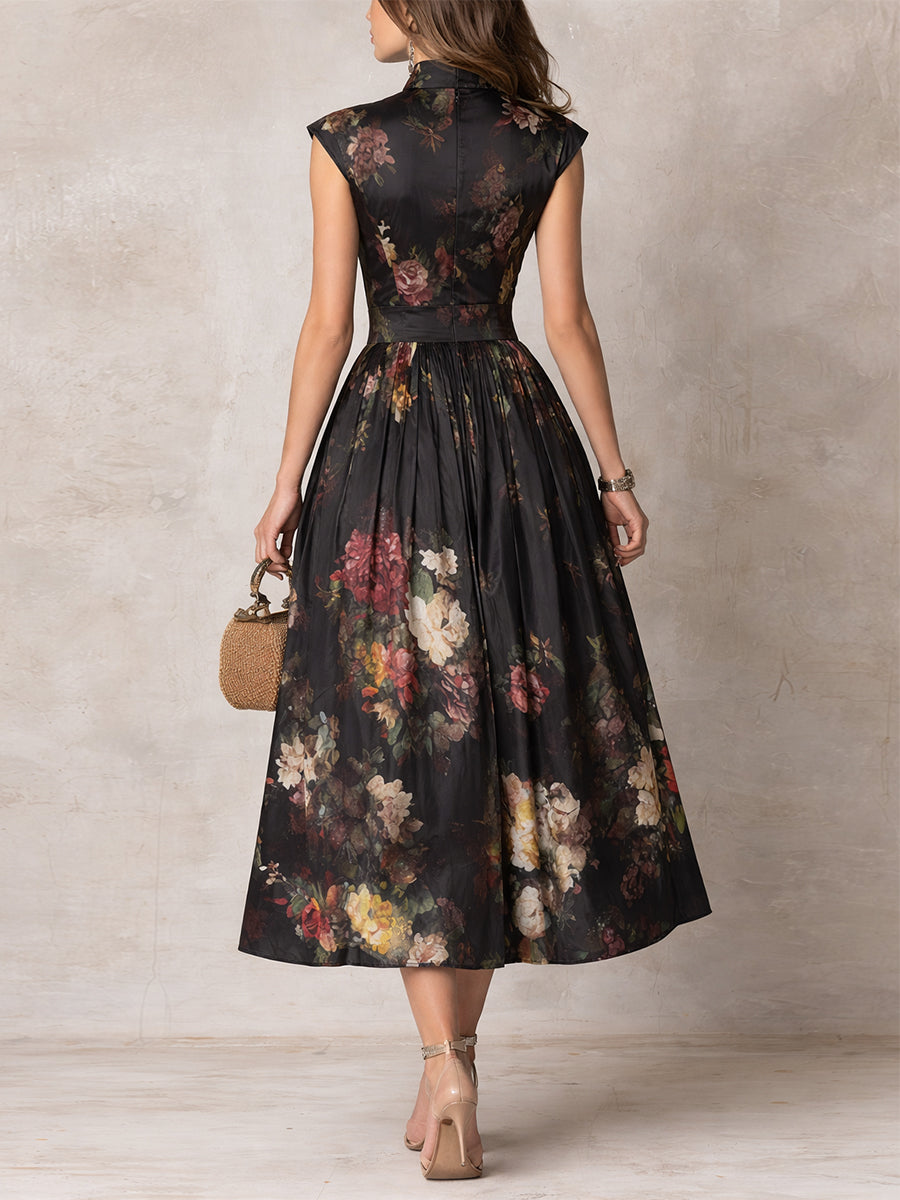 Black satin midi dress with keyhole collar, styled on model