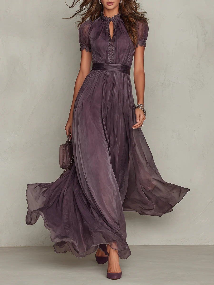 Purple chiffon maxi dress, front view