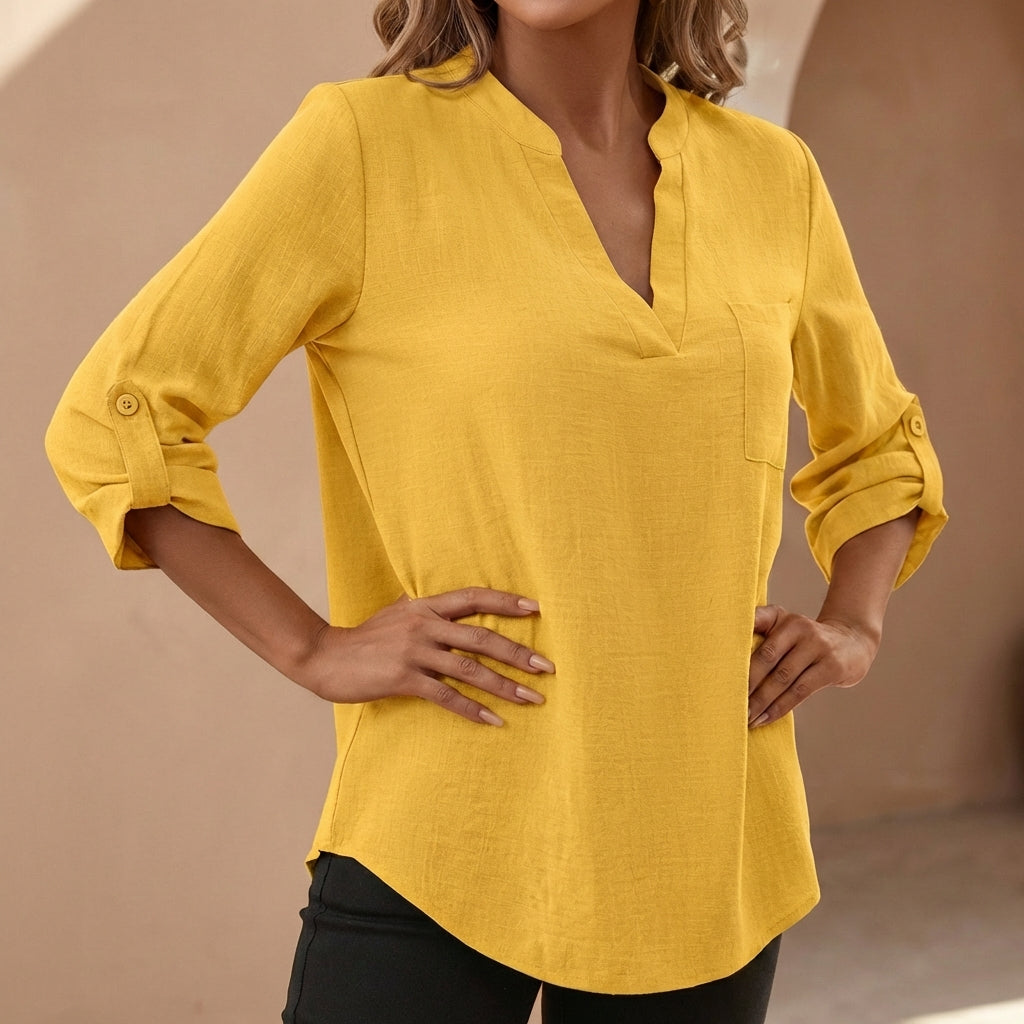 Women's linen blouse with band collar and V-neck, front view