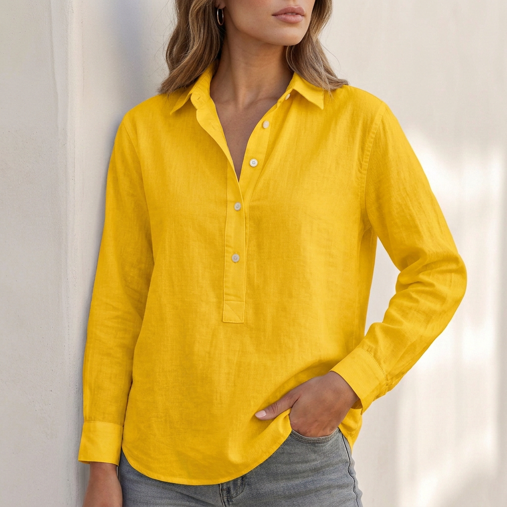 Yellow linen shirt for women – V-neck relaxed fit blouse, sizes S to 3XL