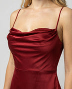 Women's sleeveless silk maxi dress braided back detail close-up