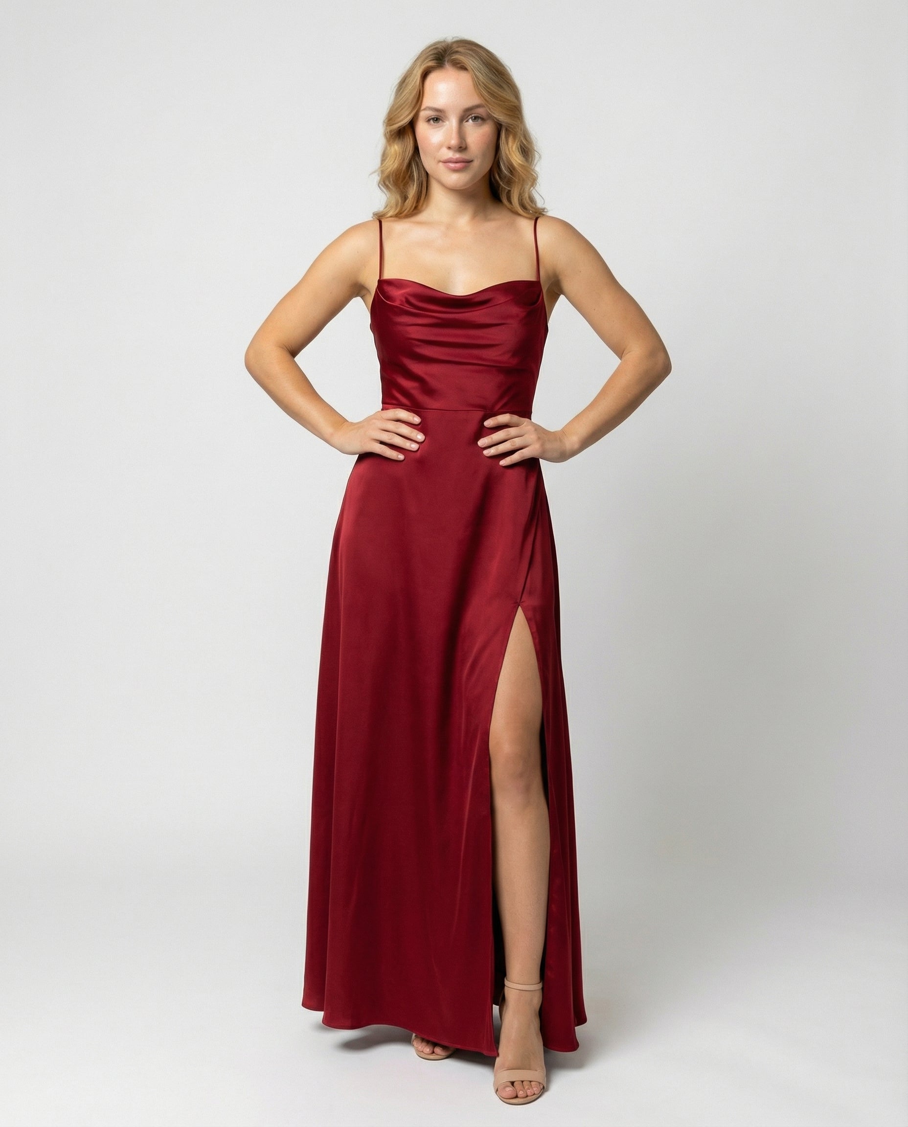 Women's sleeveless silk maxi dress in burgundy, full body front view