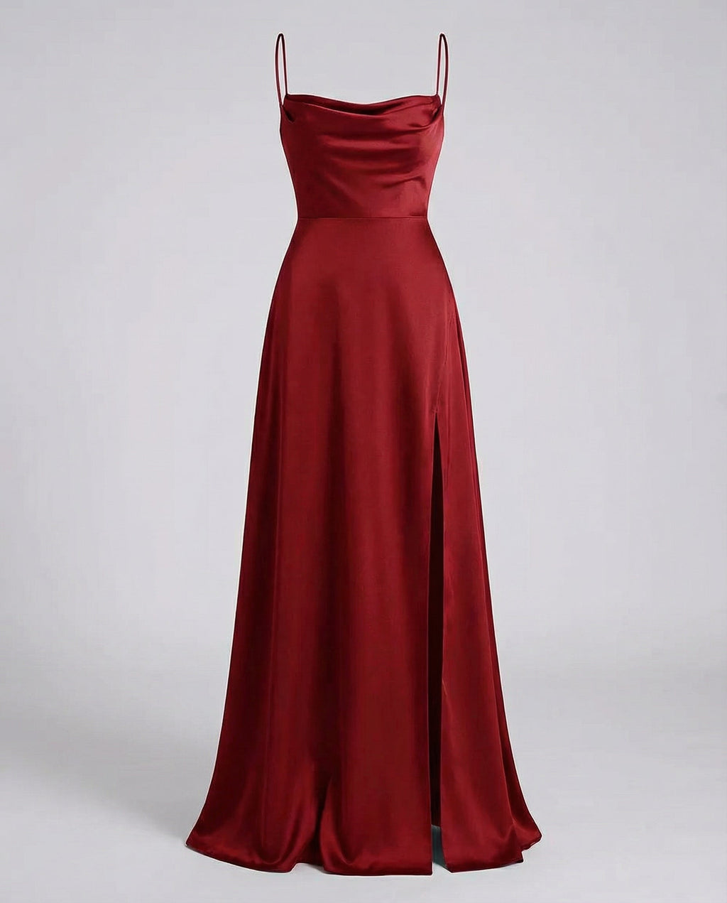 Women's sleeveless silk maxi dress product shot, burgundy colourway