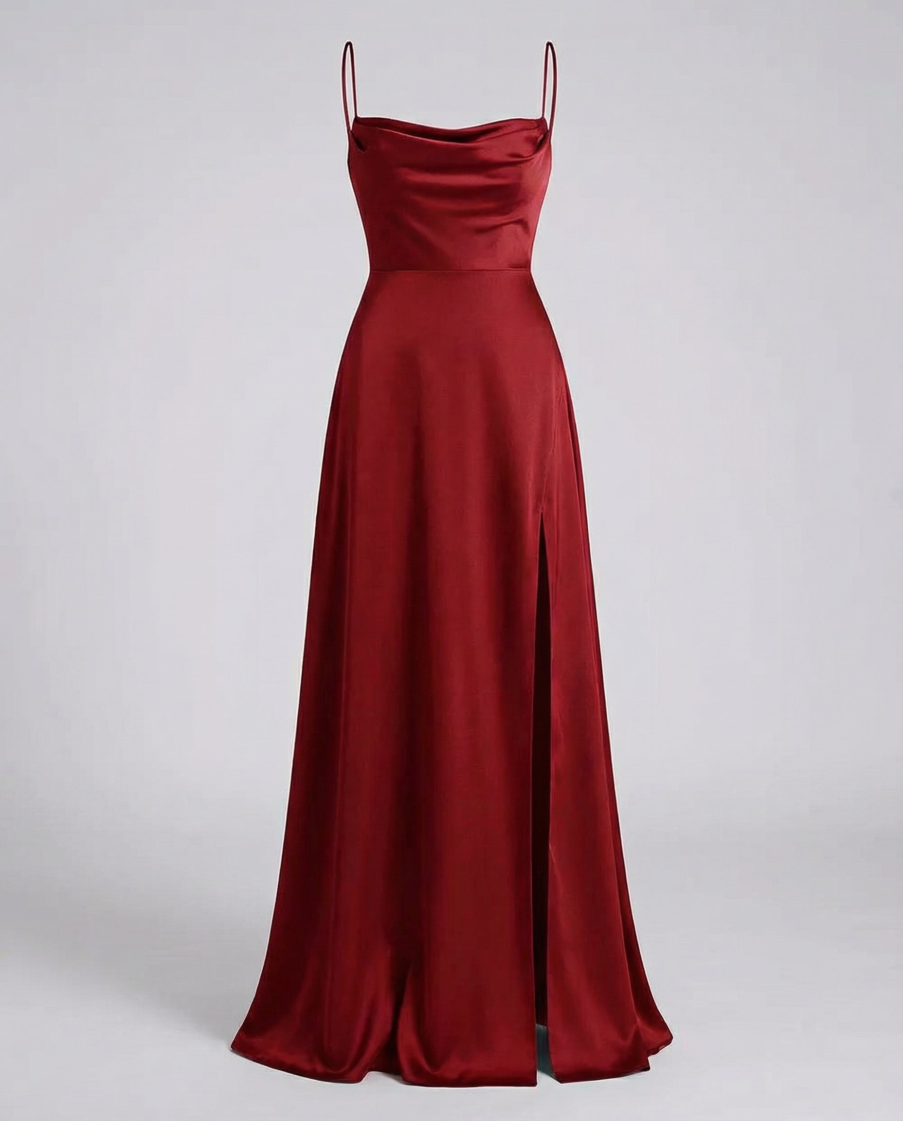 Women's sleeveless silk maxi dress product shot, burgundy colourway