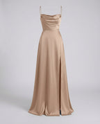 Women's sleeveless braided back silk maxi dress, three-quarter view