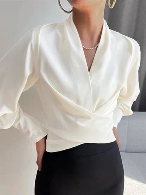 Women's Elegant Draped V-Neck Blouse — worn on model