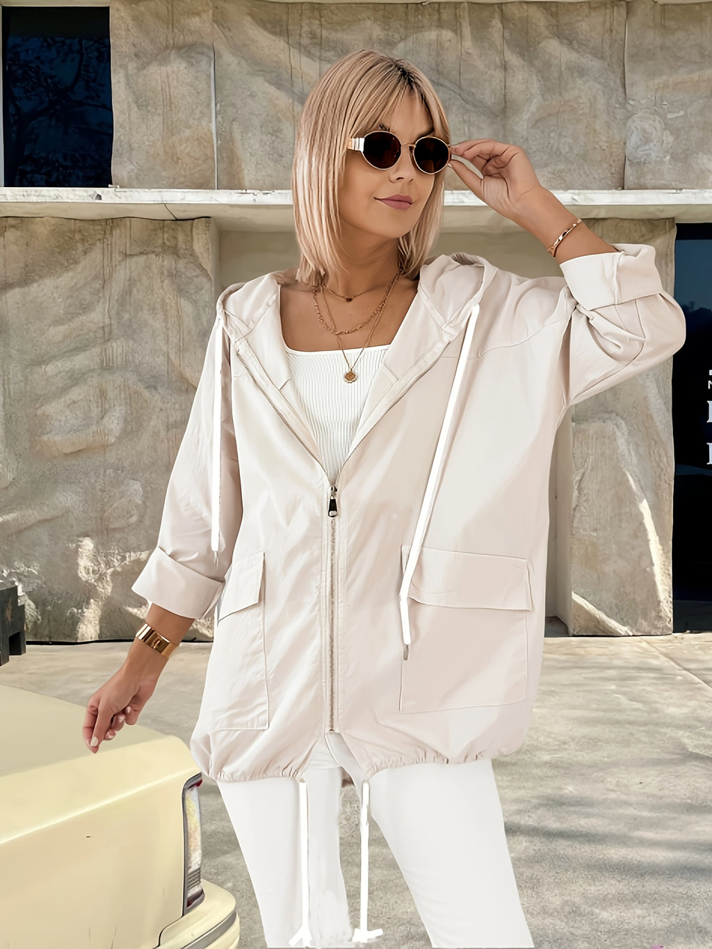Beige casual thin hooded jacket