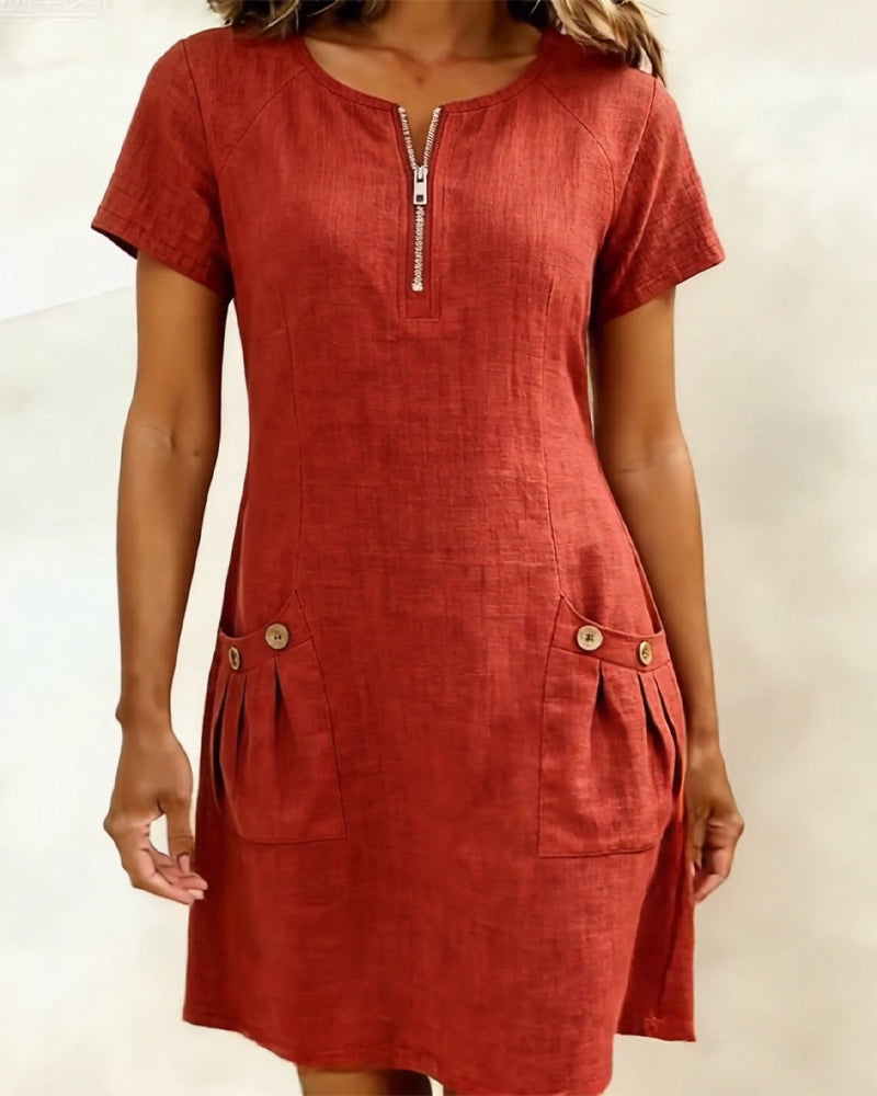Round Neck Short Sleeve Pocket Zip Cotton Linen Dress