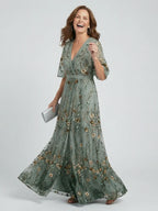 Sage green floral maxi dress for women, side view