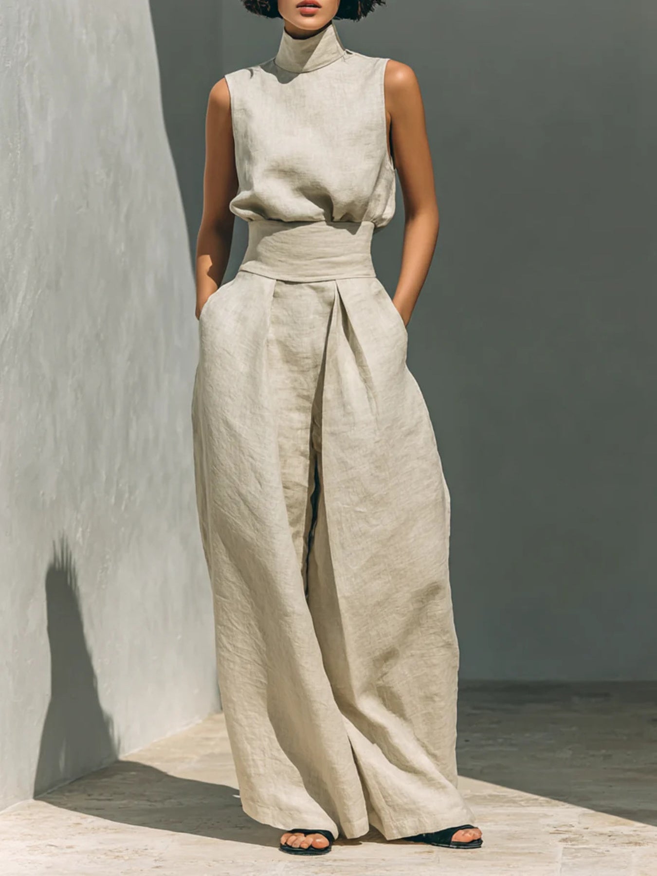Sleeveless turtleneck and wide leg pants co-ord set, front view