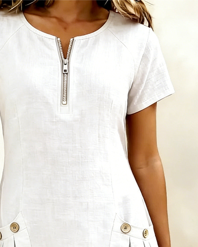 Round Neck Short Sleeve Pocket Zip Cotton Linen Dress