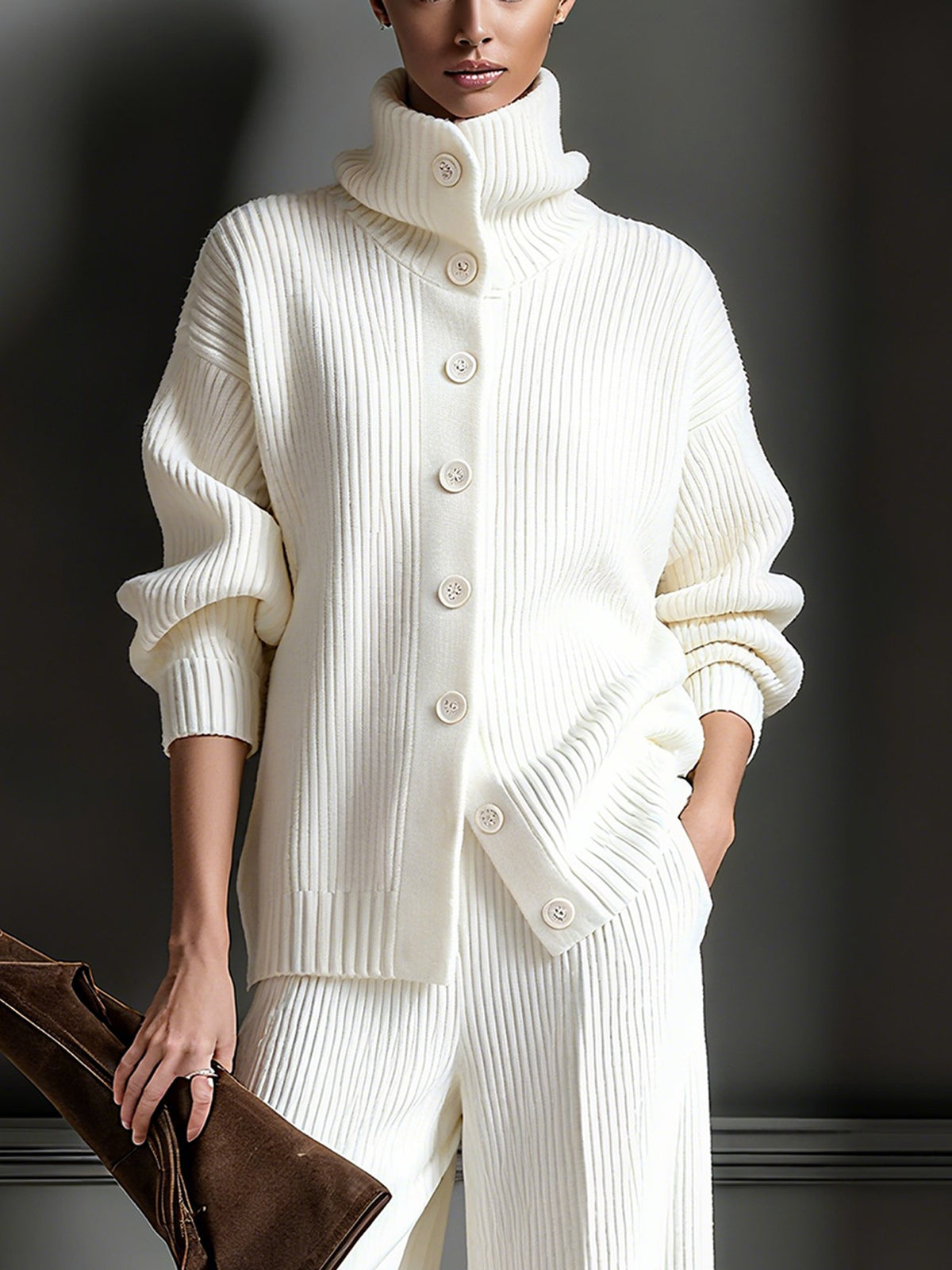 Casual Plain Turtleneck Sweater Cardigan
