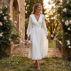 Women's long sleeve flowing wedding dress, full length A-line silhouette