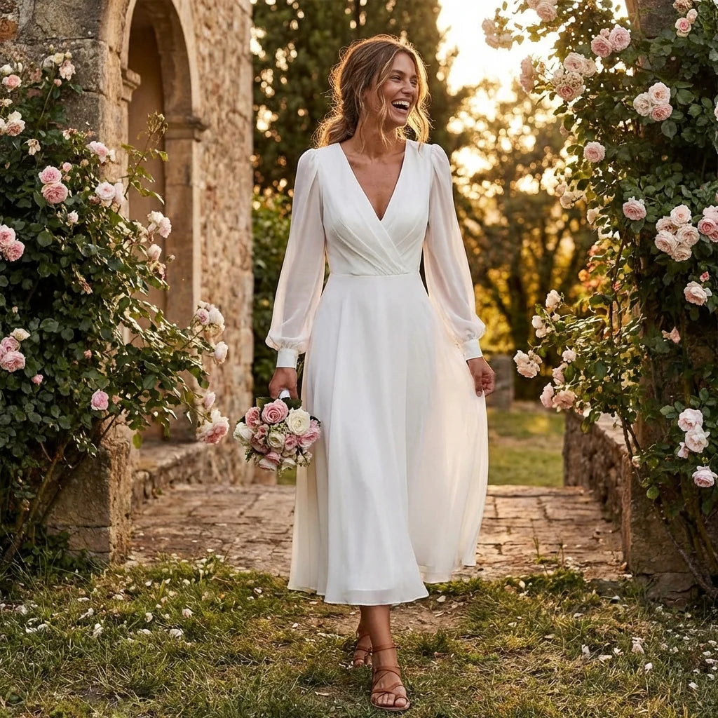Women's long sleeve flowing wedding dress, full length A-line silhouette