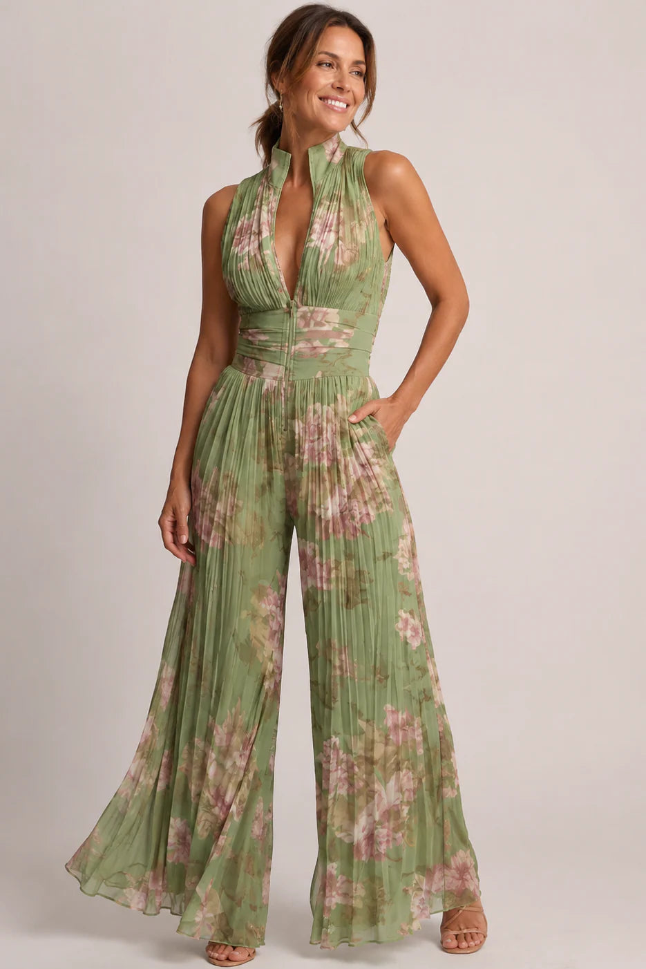 Floral Chiffon Wide Leg V-Neck Jumpsuit – Occasion
