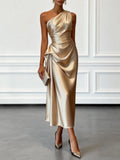 Satin one shoulder midi dress in gold, ruched front view