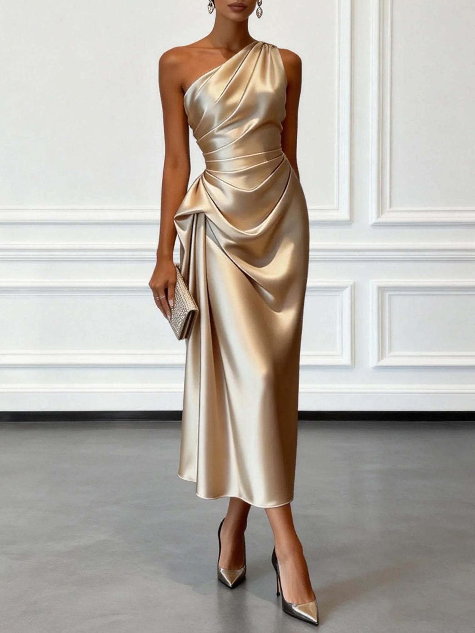 Satin one shoulder midi dress in gold, ruched front view