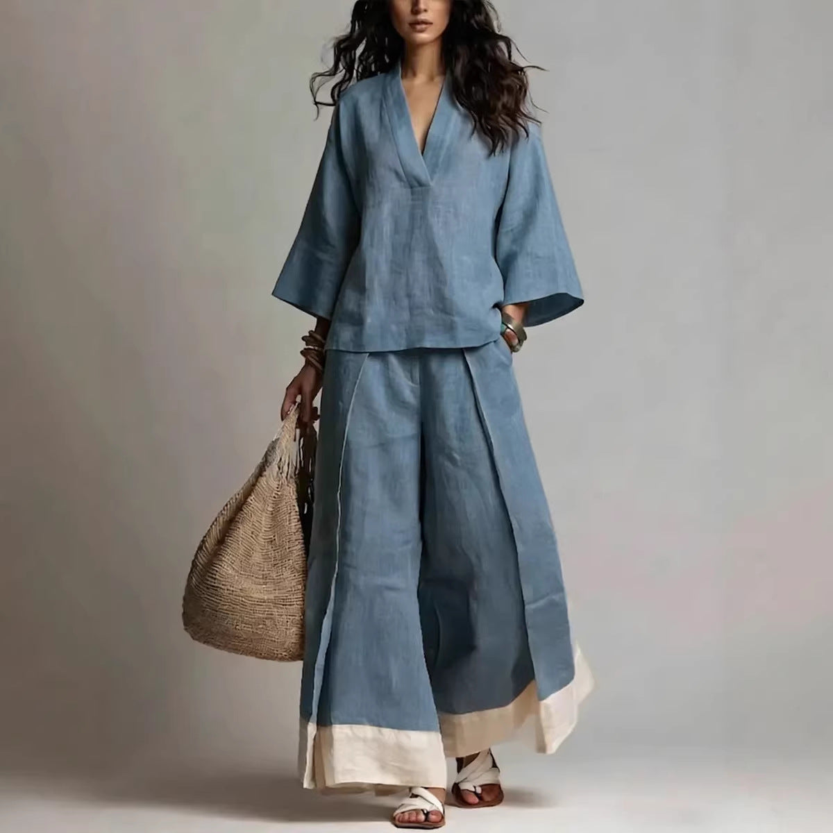 Linen colour-block two piece set, detail view