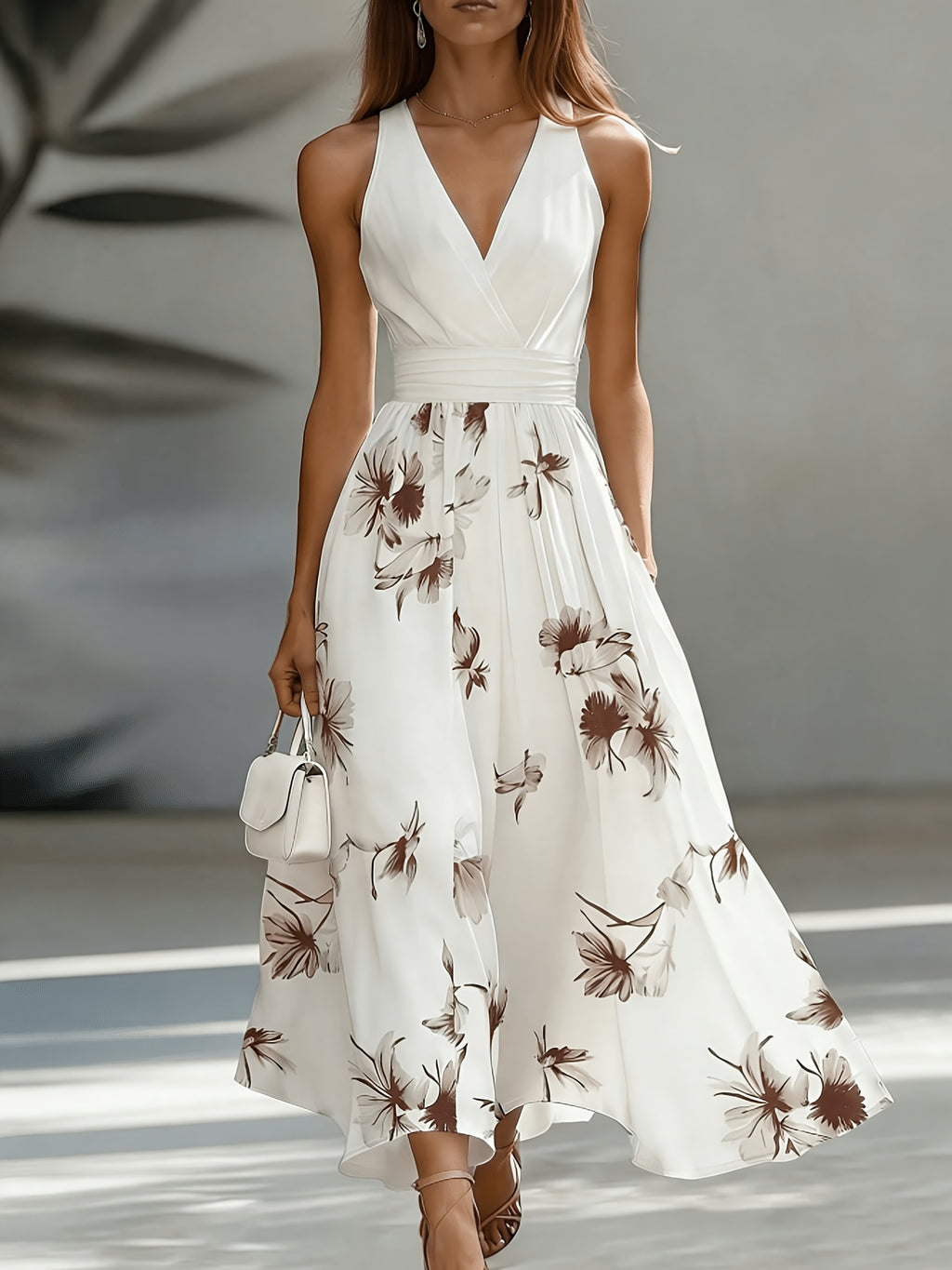 Backless Ruched Floral Patchwork Flared Maxi Dress in Coffee Brown, back view