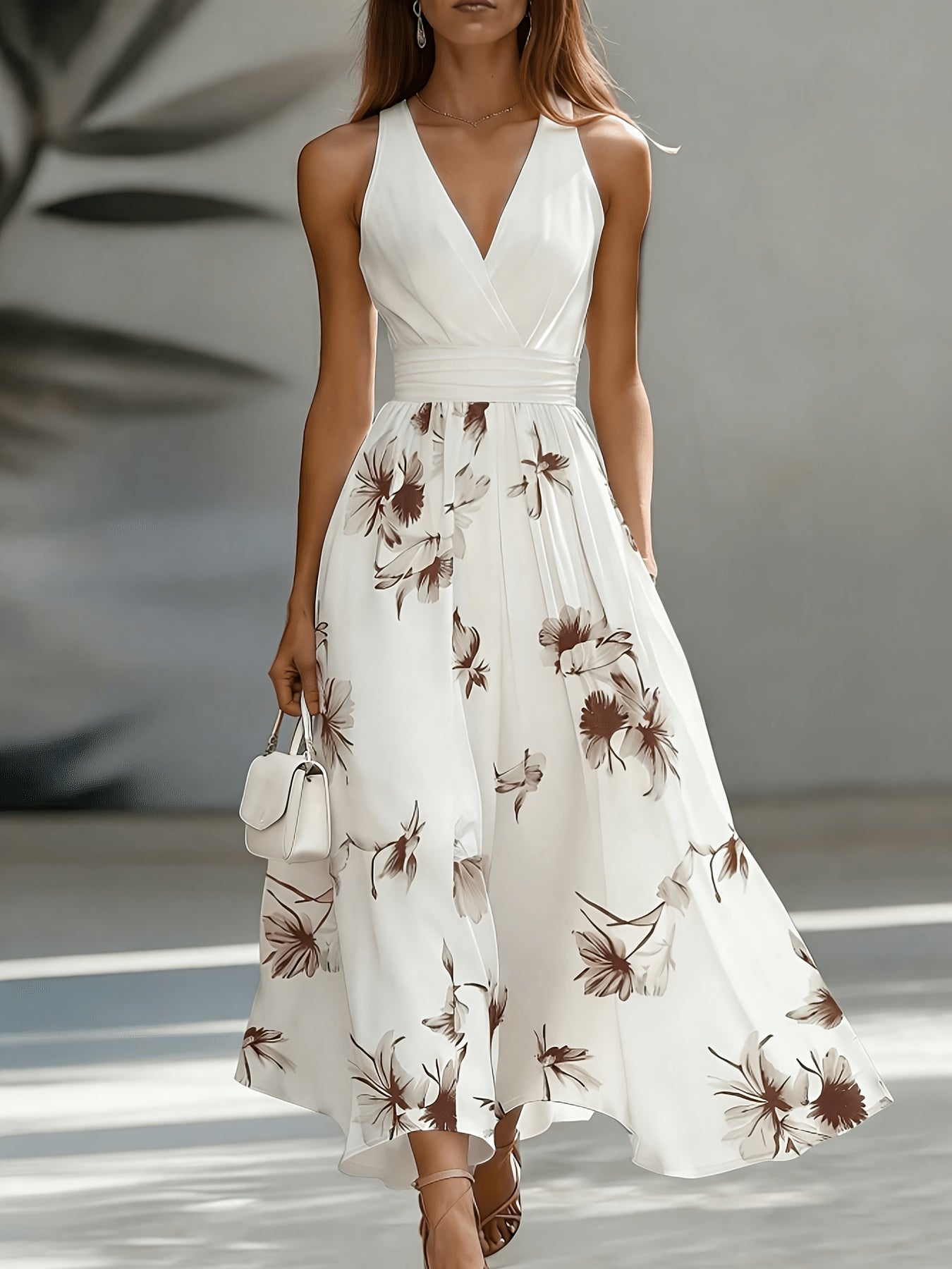 Backless Ruched Floral Patchwork Flared Maxi Dress in Coffee Brown, back view