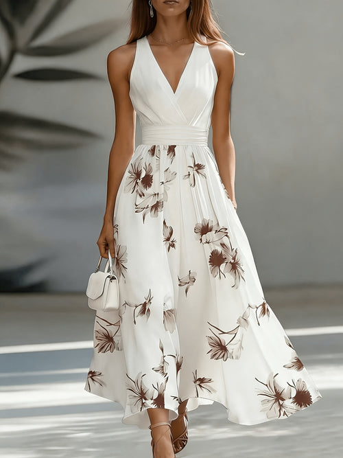 Backless Ruched Floral Patchwork Flared Maxi Dress in Coffee Brown, back view