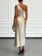 Gold satin one shoulder ruched midi dress, full length back view