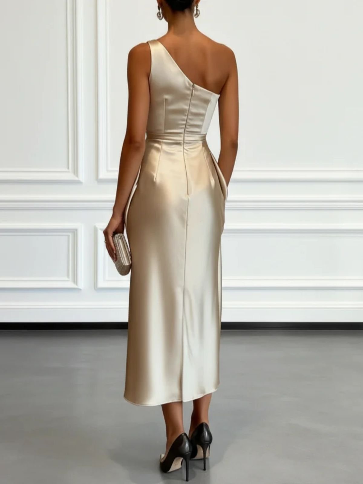Gold satin one shoulder ruched midi dress, full length back view