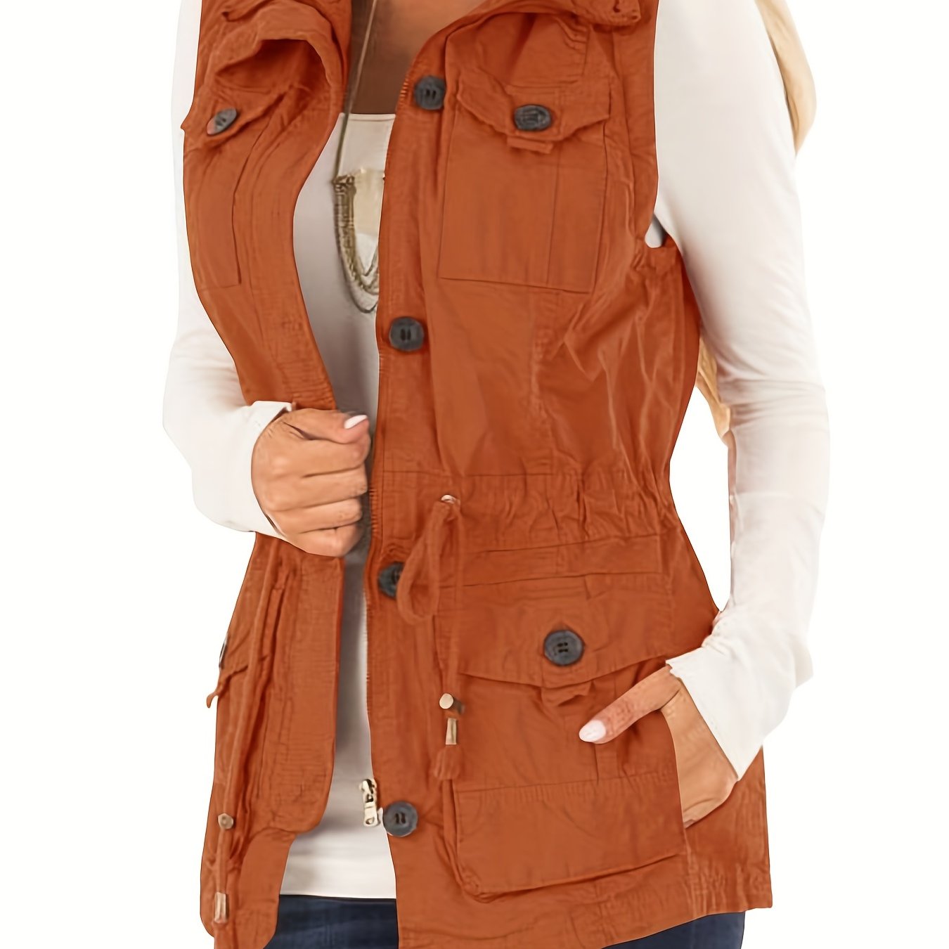 Sleeveless Drawstring Vest Jacket with Pockets