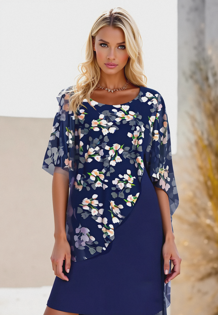 Women's floral chiffon cape dress in blue – wedding guest overlay front view