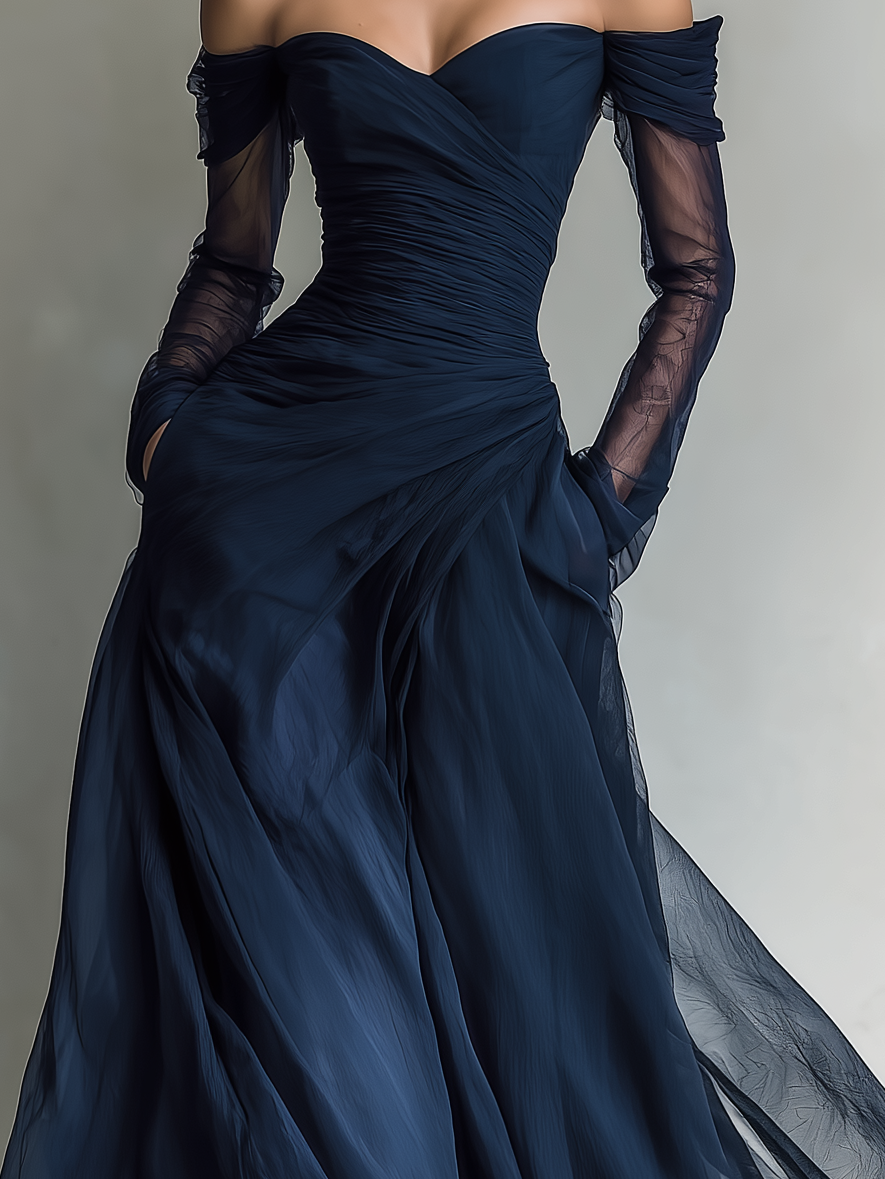 Dark Blue Off-Shoulder Evening Dress – Chiffon Maxi Ball Gown
