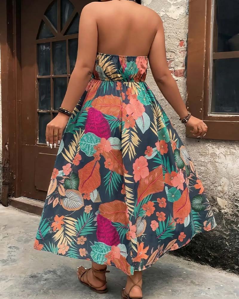 Printed Halter Neck Sleeveless A Line Mini Dress and Shorts Set