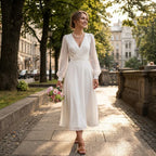 Women's classic long sleeve flowing wedding dress, graceful movement view