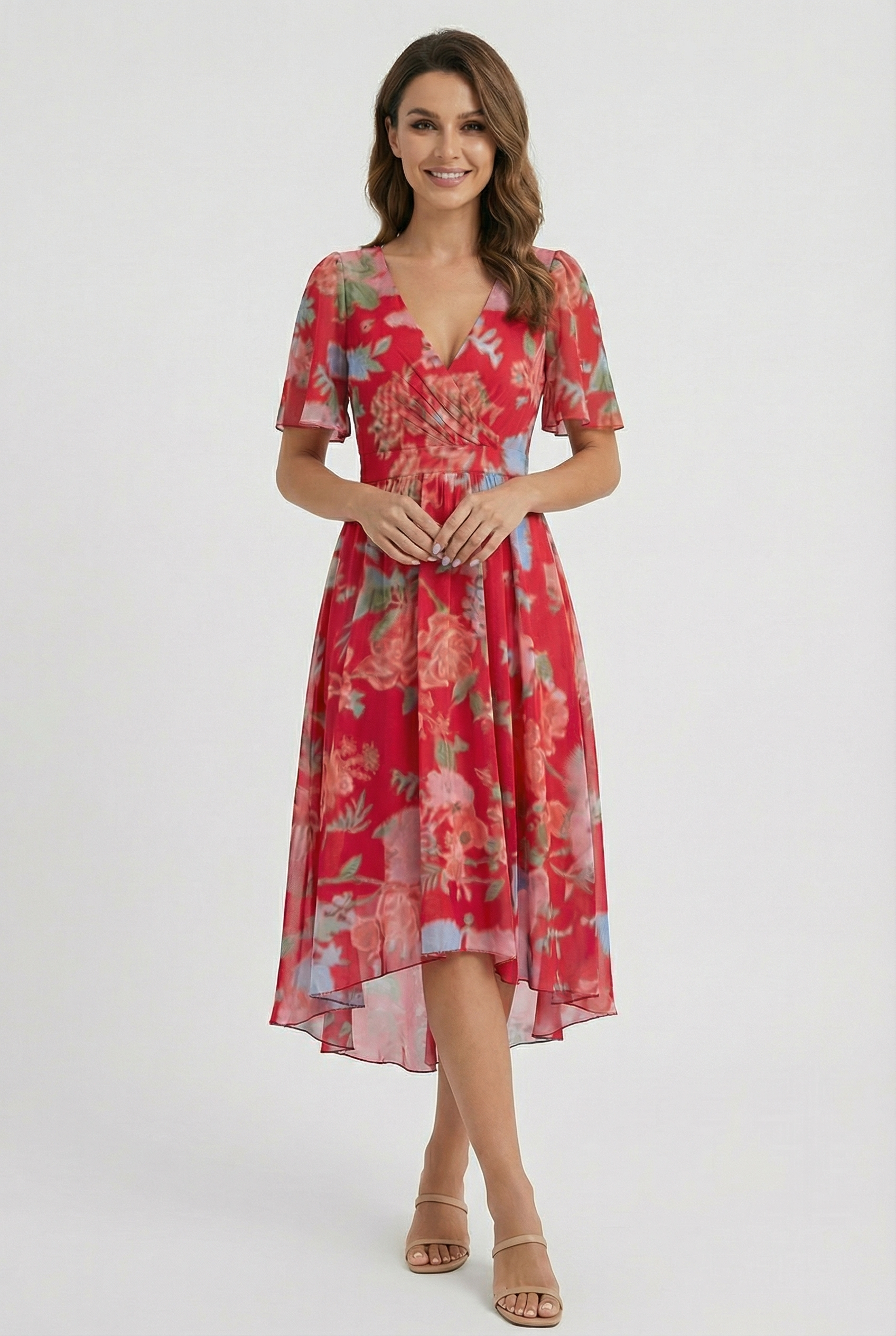 Women's Floral Linen Midi Dress - Elegant Fit