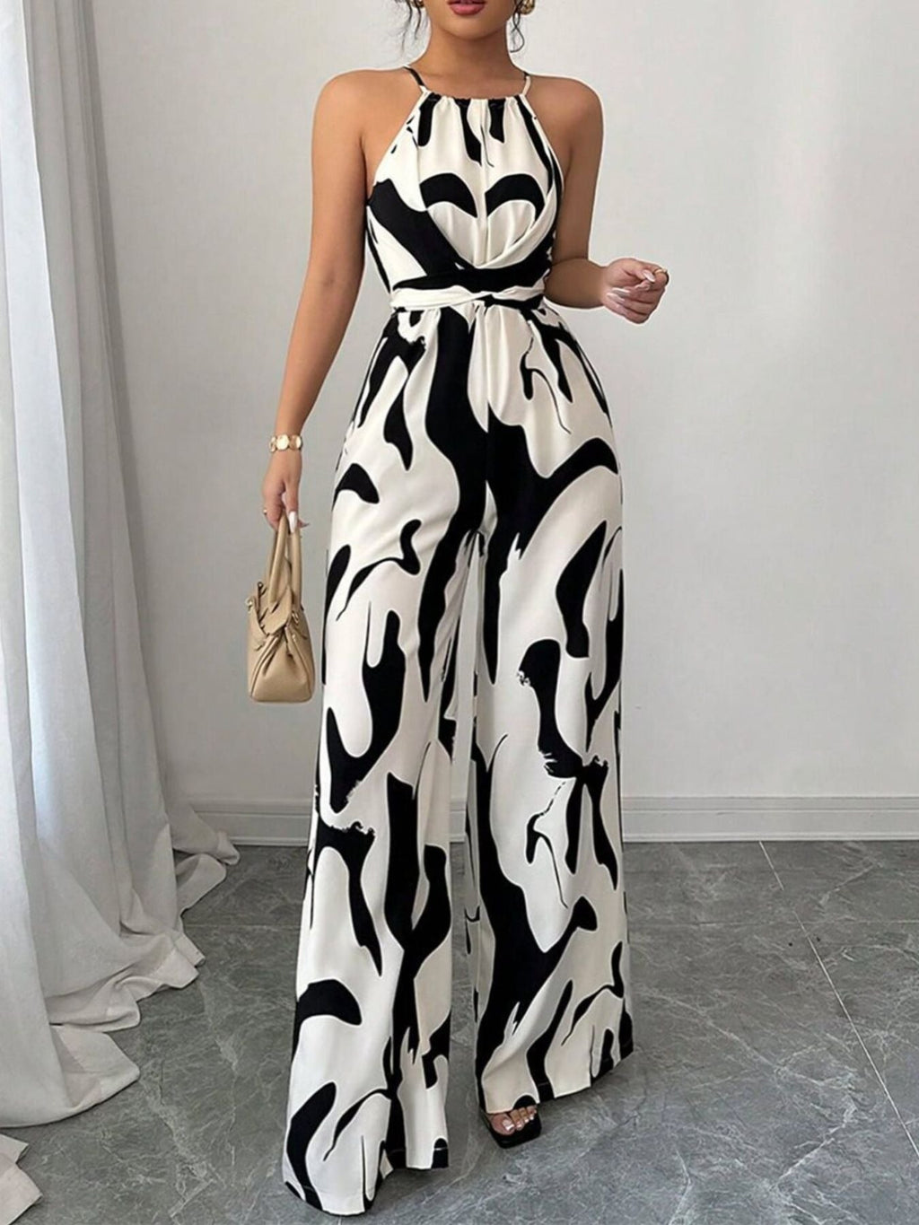 Abstract print wide leg jumpsuit, back view