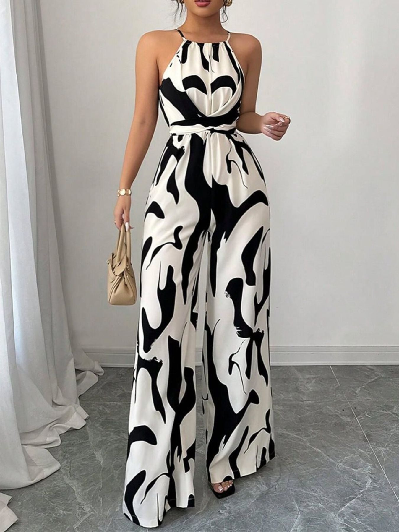 Abstract print wide leg jumpsuit, back view