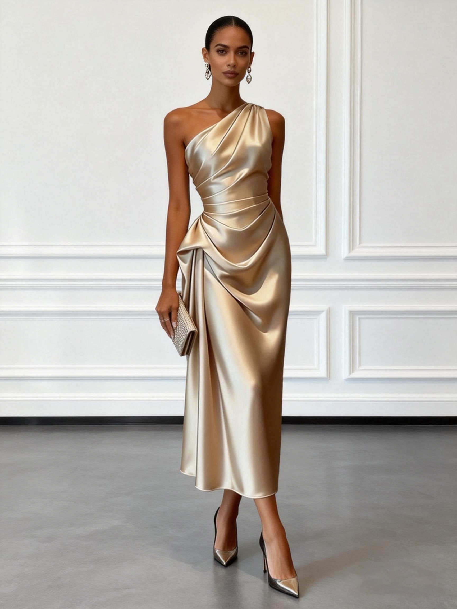Satin one shoulder ruched midi dress in gold champagne, side view