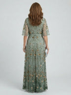 Floral embroidered maxi dress in sage green, full length view