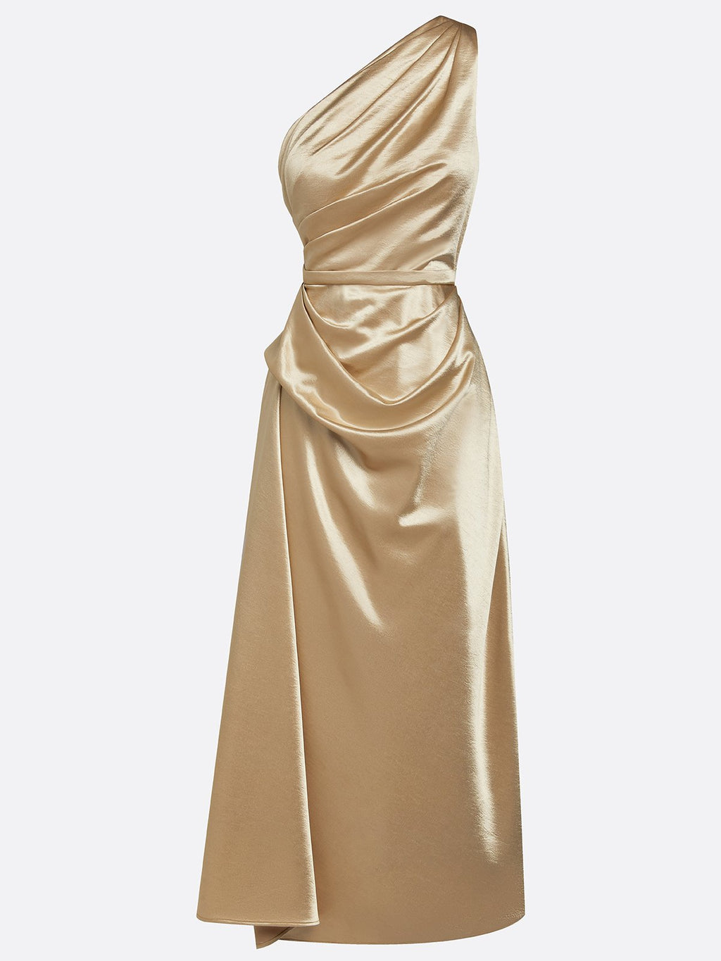 Gold satin one shoulder midi dress, fabric and drape detail