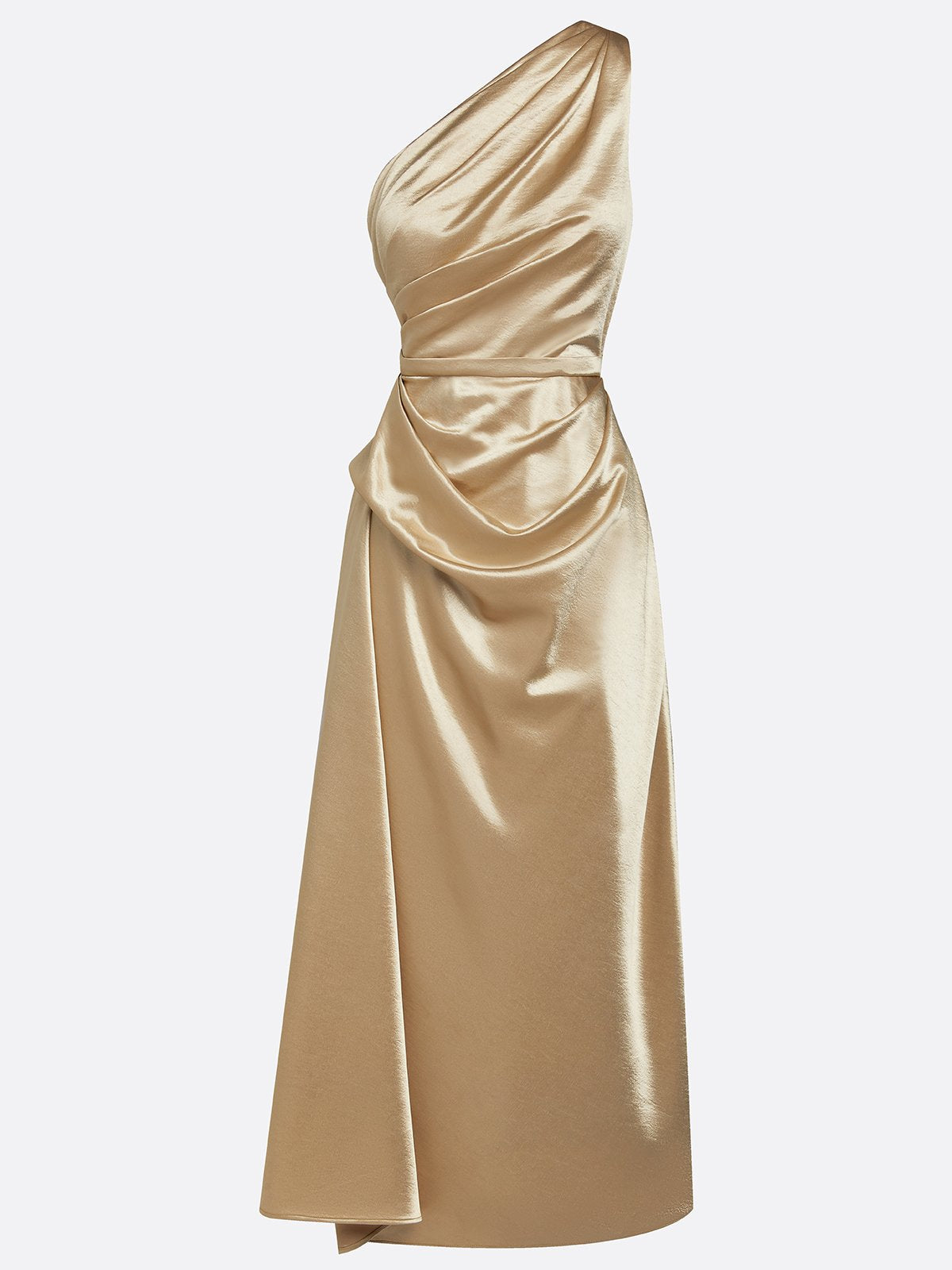 Gold satin one shoulder midi dress, fabric and drape detail