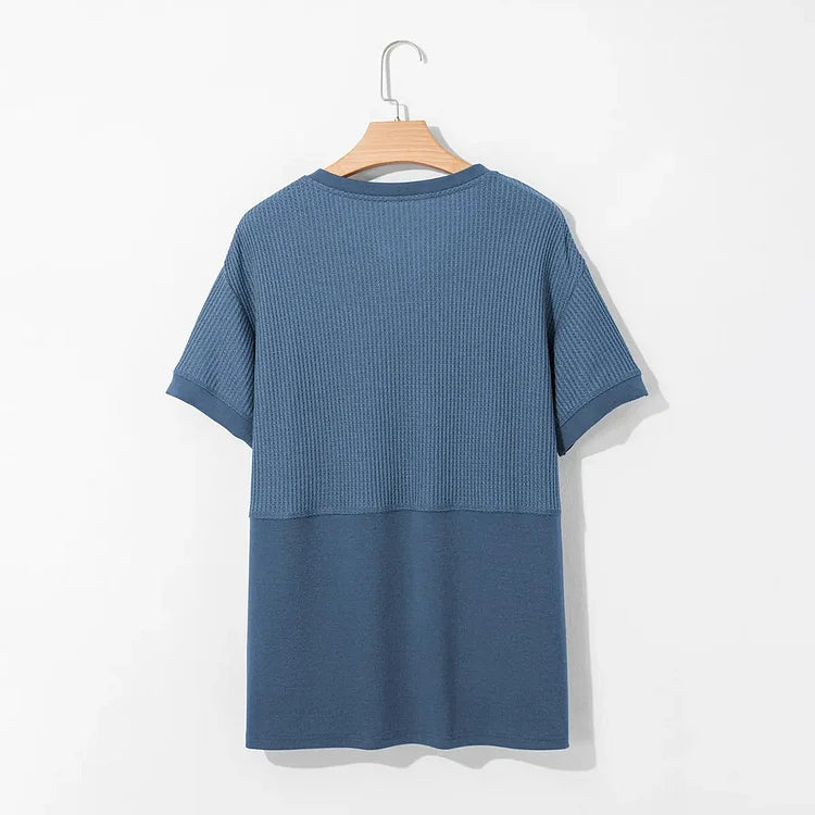 Women's waffle knit top side view, loose silhouette and short sleeve | Alba Muse