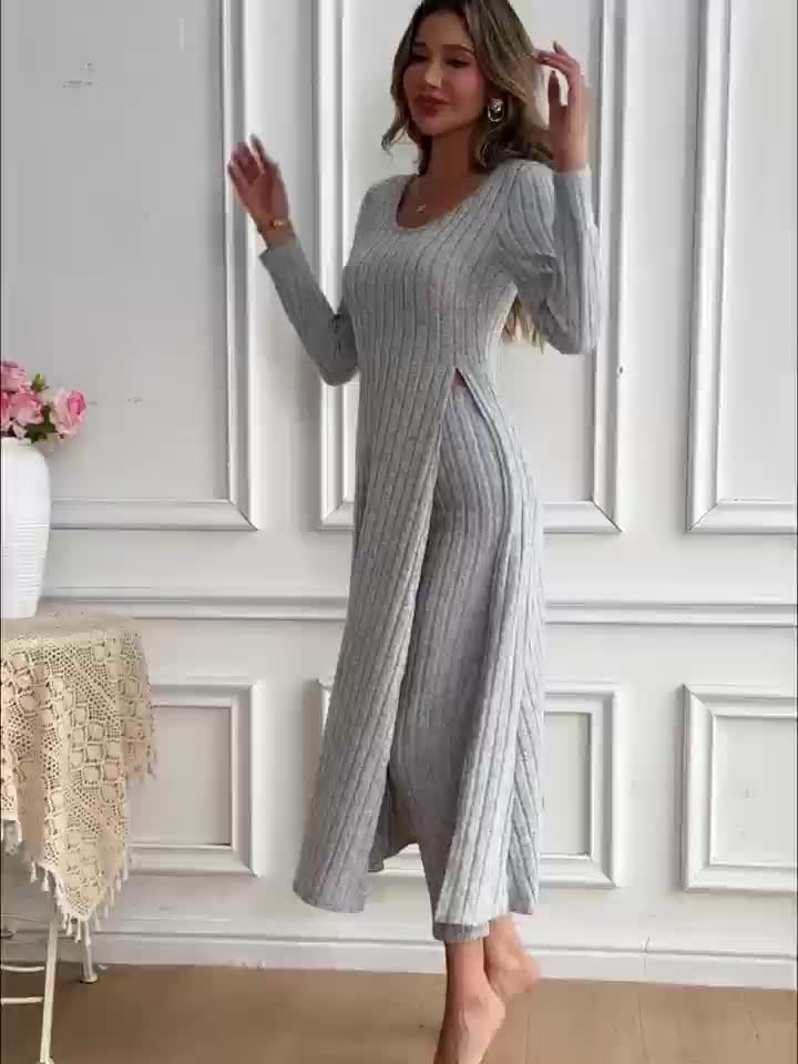 Grey ribbed long sleeve Loungewear Set
