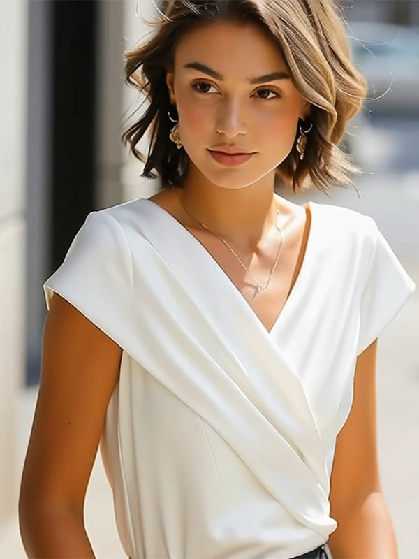 Asymmetric Pleated V-Neck Blouse