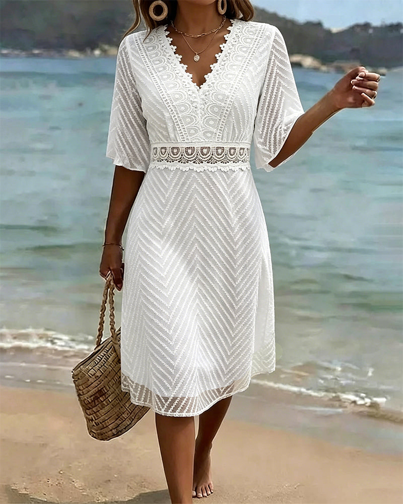 Lace patchwork cutout V neck half sleeve mini dress in white, front view