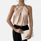 Women's pleated front draped satin top, front view on model