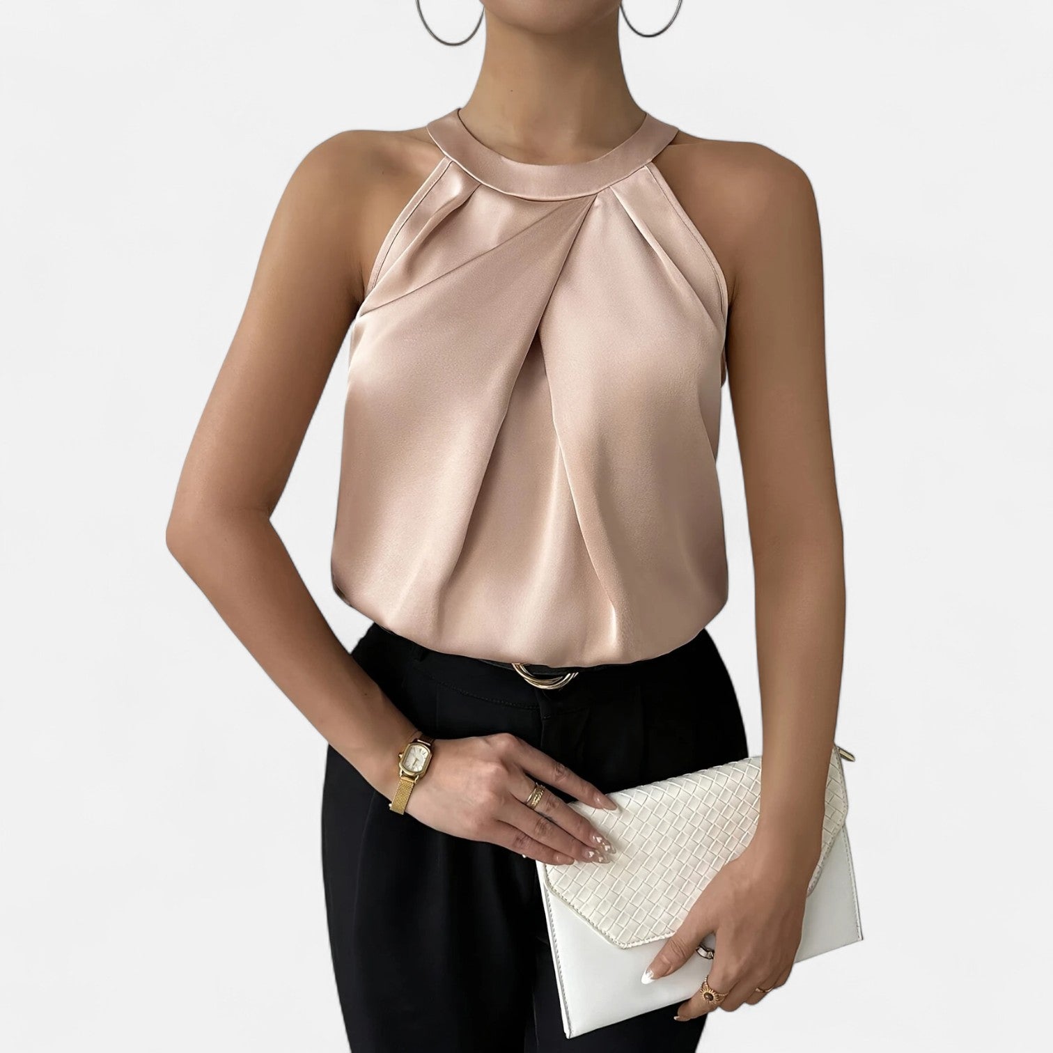Women's pleated front draped satin top, front view on model