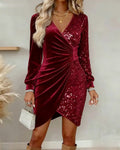 V-Neck Sequined Velvet Mini Dress | Alba Muse