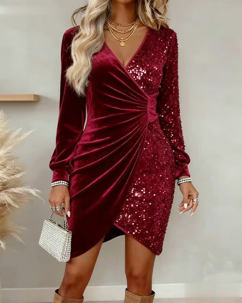 V-Neck Sequined Velvet Mini Dress | Alba Muse